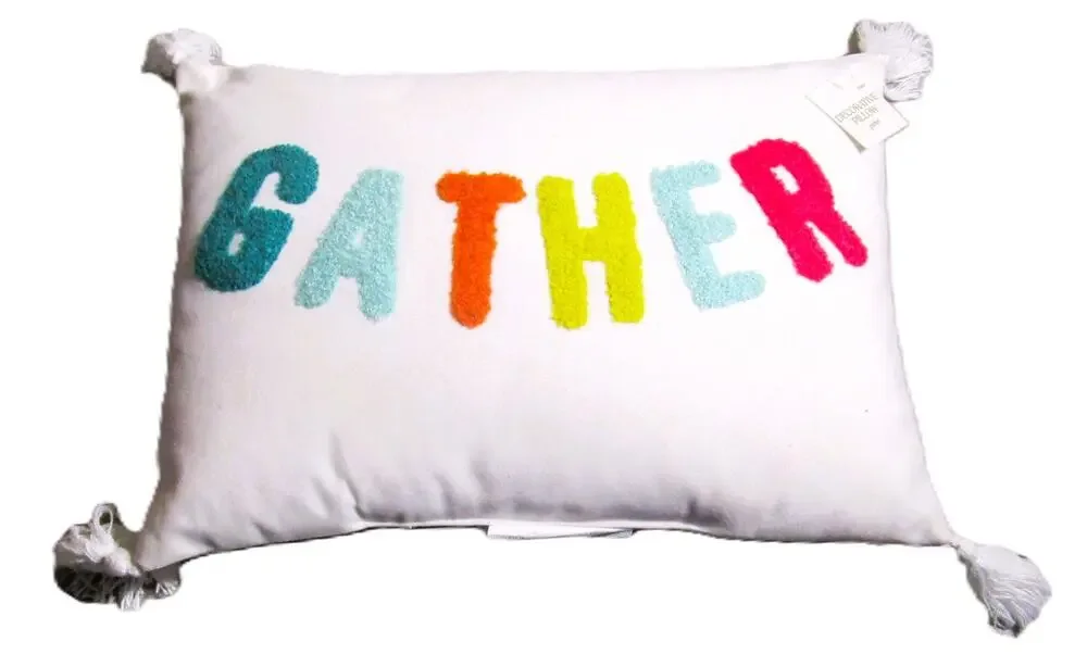 GATHER Decorative Pillow White with Colorful Chenille Letters Tassels 10x14 inch